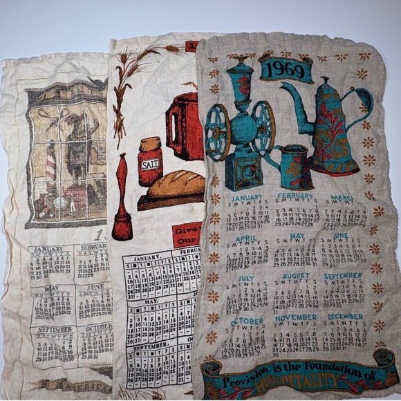 Other - Lot of 3 Vintage Linen Calendar Tea Towels 1969 1973 1976 Grannycore Farmhouse